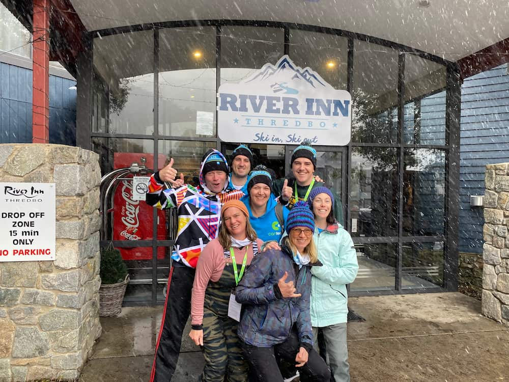 group of young people at the river inn in thredbro