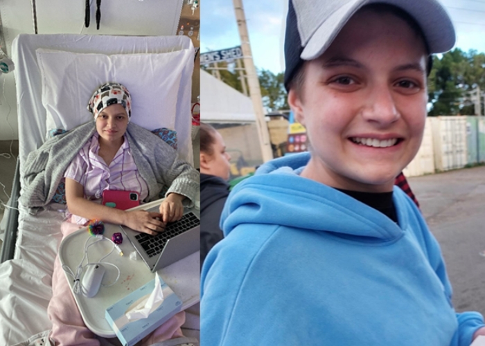 2 images of Leyla, one in hospital and one out and aboout