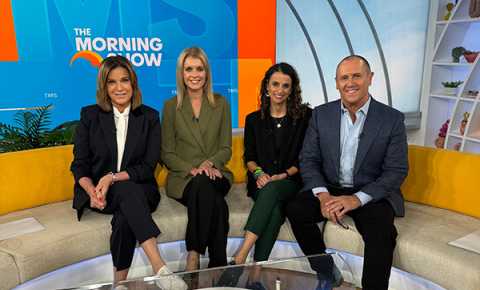 Canteen's Sandy Cham sitting on The Morning Show sofa alongside TV presenters to discuss the impact of facing cancer early in life.