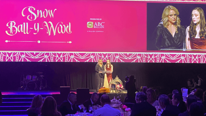 Sally and Alicia on stage at the Snow Ball-Y-Wood